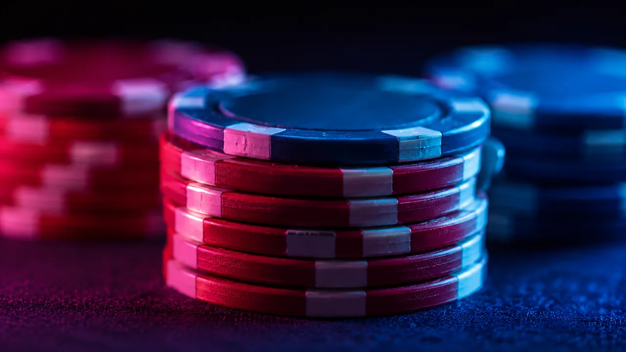 A close-up macro of stacked red and blue casino chips under magenta and cyan neon light.