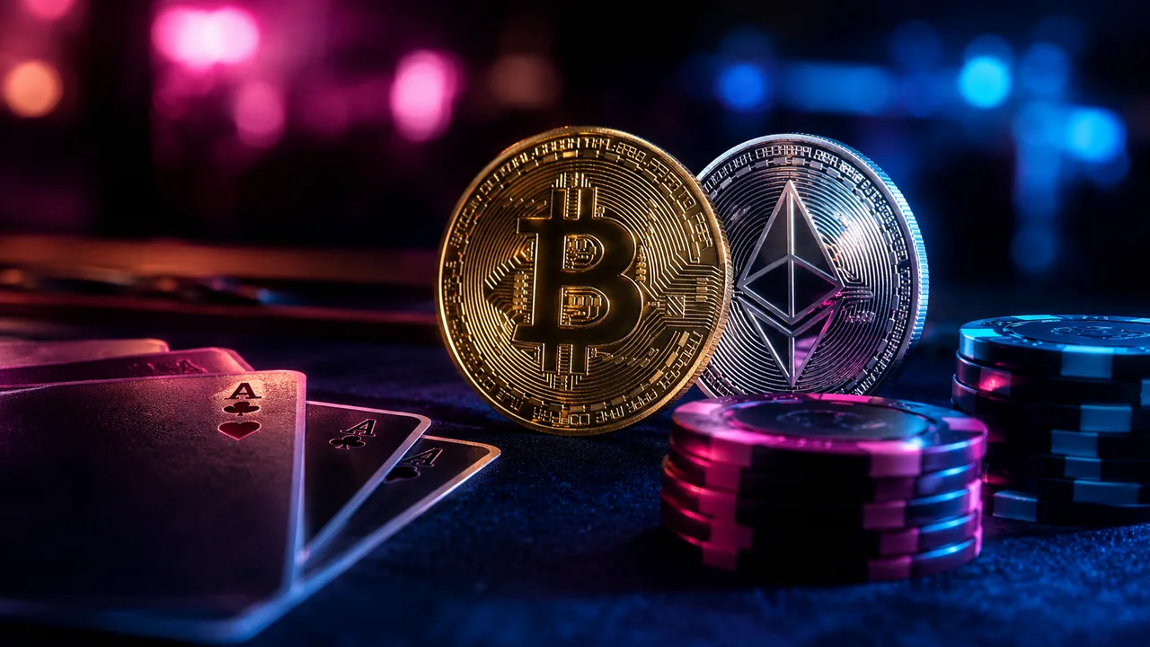 A golden Bitcoin coin and a silver Ethereum coin on casino felt beside playing cards and chips, lit by neon.