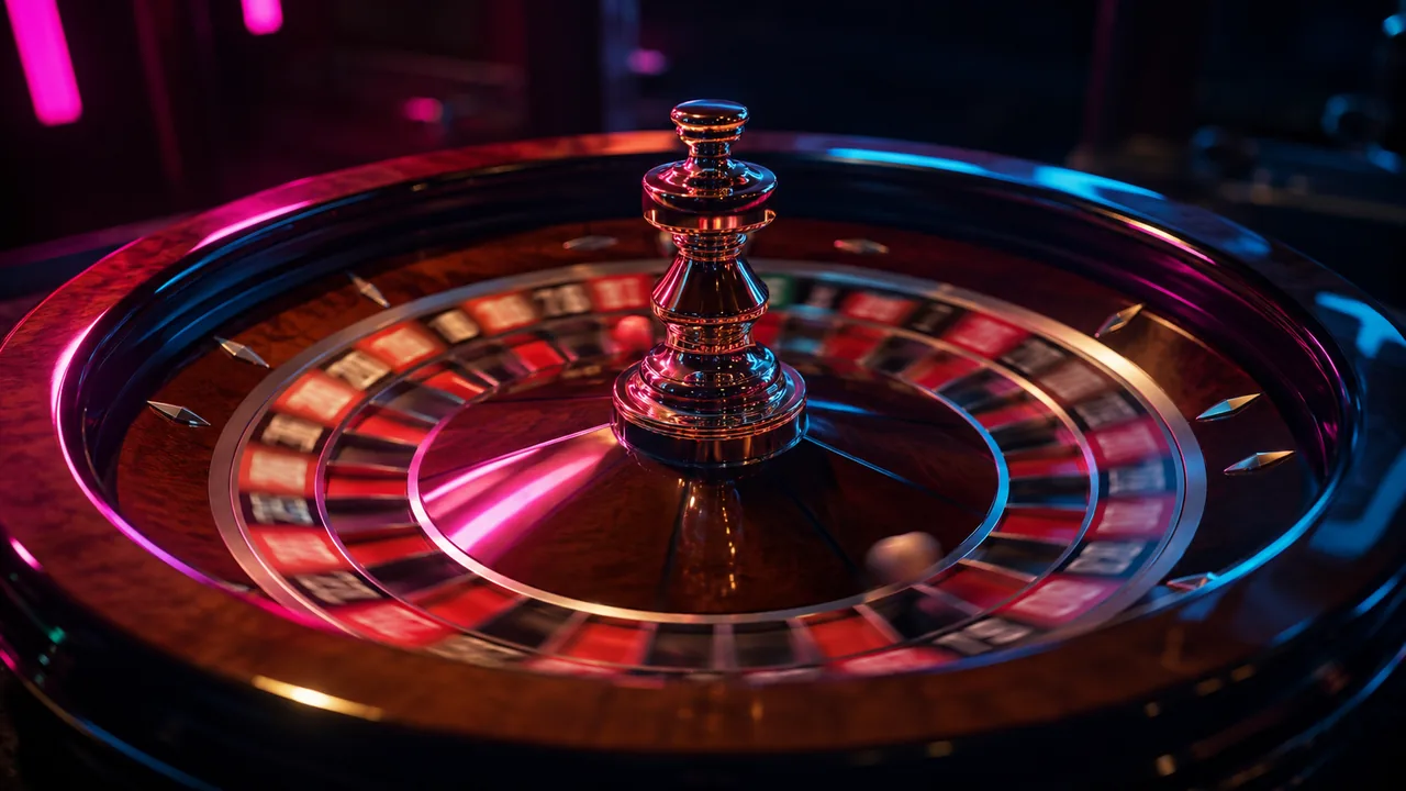 A casino roulette wheel spinning under magenta and cyan neon light.