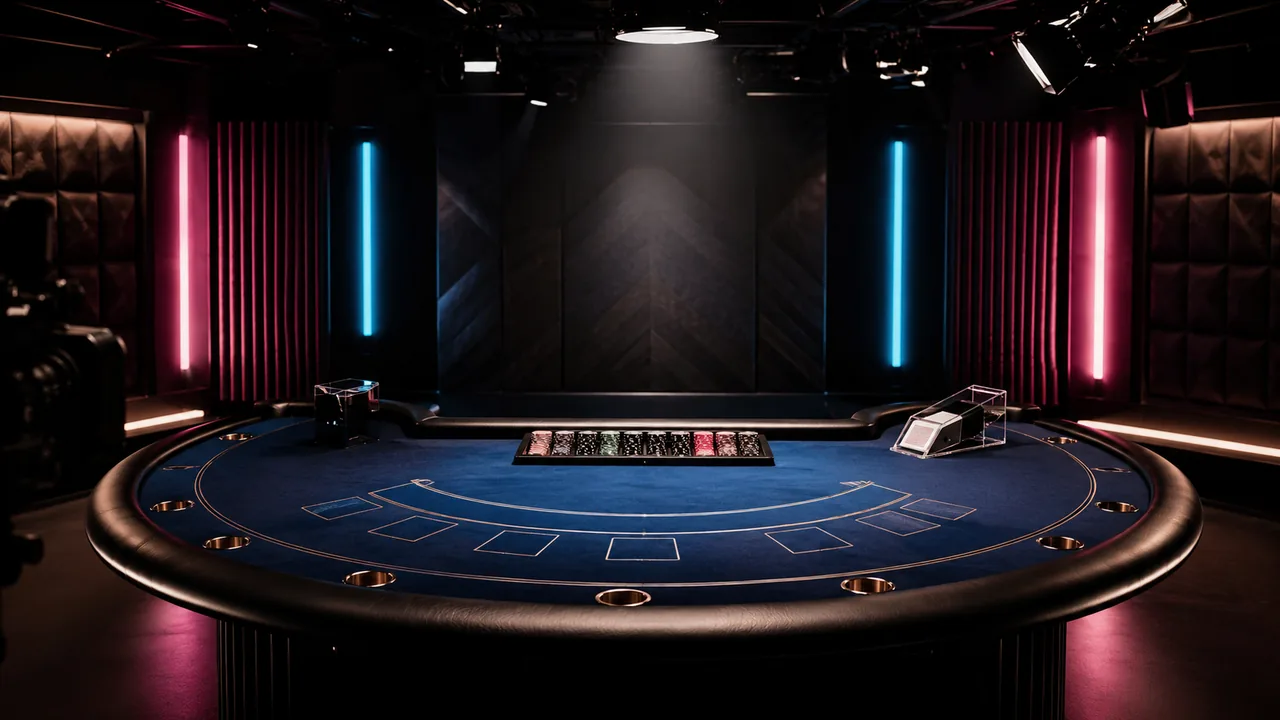 A dark casino livestream studio with a single blackjack table lit by magenta and cyan neon.