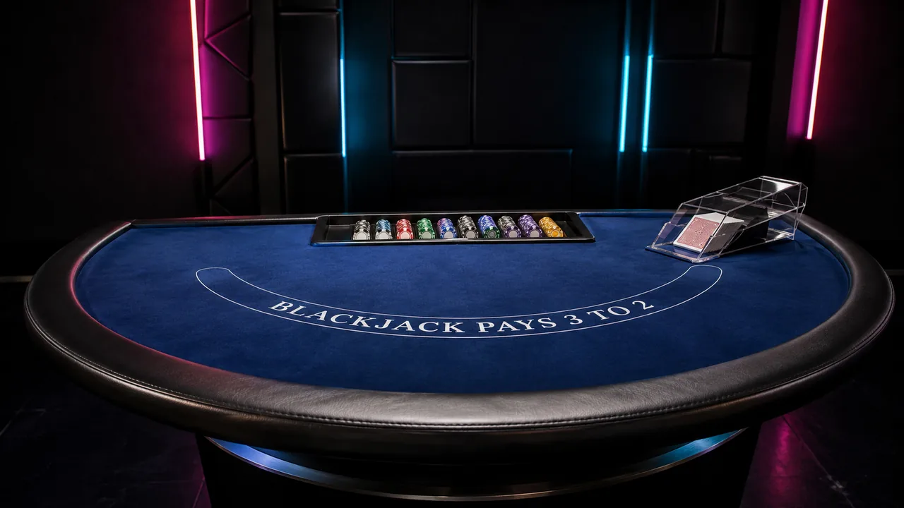 An empty neon-lit blackjack table with blue felt, a card shoe and a chip tray.